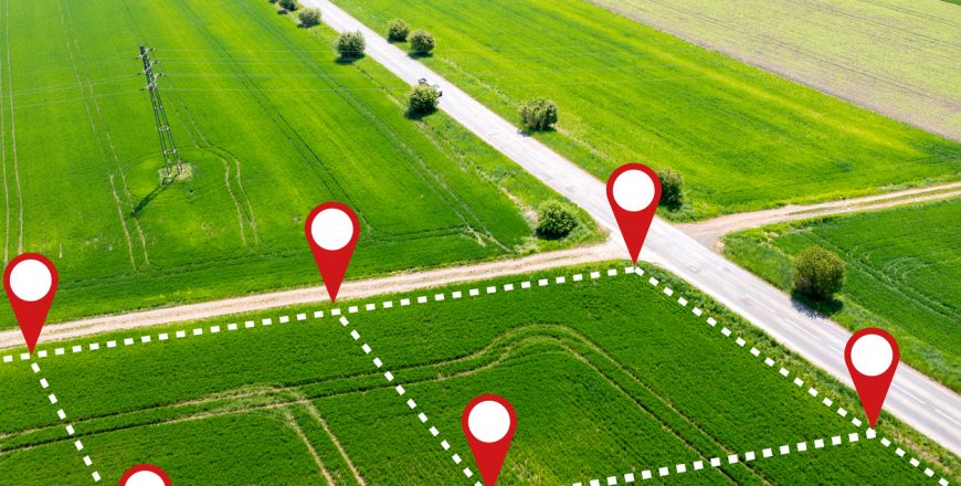 Czech realty business - Land plot in aerial view. Gps registration survey of property, real estate for map with location, area. Concept for residential construction development - buy and sell the house allotment